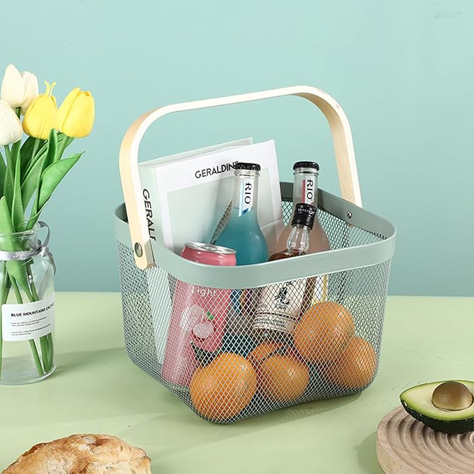 Metal Mesh Steel Basket, Storage Organizer Basket Multi-functional Hanging Kitchen Basket Fruit Basket Bin with Bamboo Handle, 9.84 x 10.2 x 7 inch, Mint Green-VerdiqueGarden