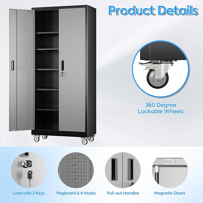71" H×32" W×16" D Garage Storage Cabinet with Wheels & Pegboard, Locking Metal Storage Cabinet with Doors and 5 Adjustable Shelves & & 4 Hooks for Garage Warehouse Home Office, Black and Gray-VerdiqueGarden