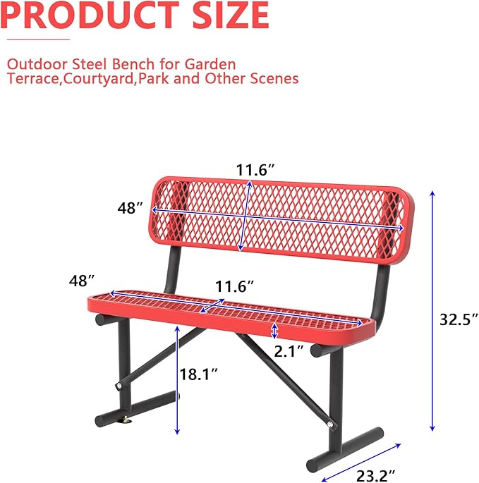 Heavy Duty Park Bench with Back Portable Frame, Outdoor Steel Bench with Backrest, Outdoor Park Bench Expanded Metal Mesh Bench for Lawn, Park, Deck, Garden, Patio, Porch, Black (Red, 4FT)-VerdiqueGarden