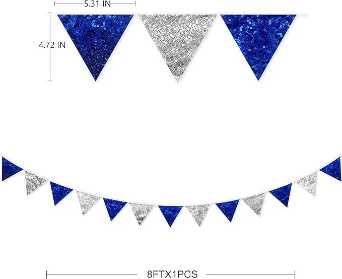 Pinkblume Silver Blue Double Sided Sequin Fabric Triangle Pennant Banner Flag Bunting Garland for Nautical Ahoy Anchor Theme Nursery Home Classroom Wall Decor-VerdiqueGarden