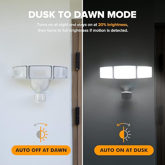 LUTEC 72W 7500LM LED Security Lights Motion Sensor Light Outdoor, 5000K Daylight, IP65 Waterproof, Dusk to Dawn, 3-Head Motion Detected Flood Light for Garage, Yard, Porch(White)-VerdiqueGarden