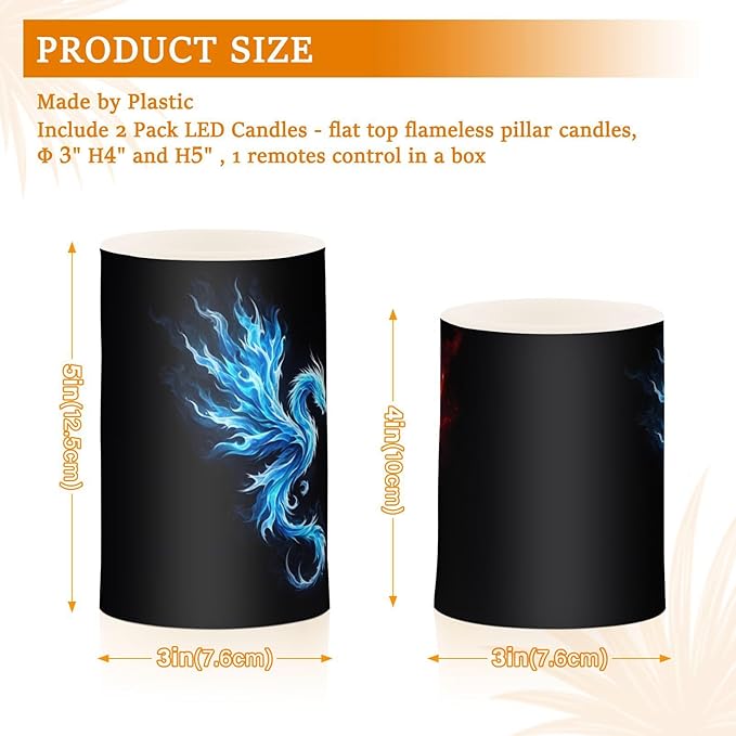 Flickering Flameless Candles, Dragon Phoenix LED Candles with Remote Timer, Set of 2 Battery Operated Candle for Valentine Wedding Birthday-VerdiqueGarden