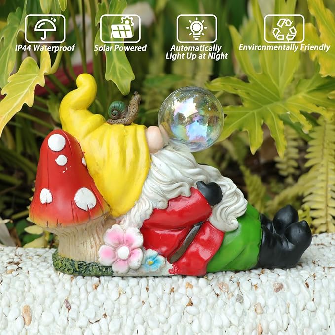 Garden Gnome Statue Outdoor Decor, Funny Gnome Figurine Lying on Mushroom with Crackle Globe Lights, Waterproof Resin Sculptures Lawn Ornament Tabletop Decorations for Porch Yard Decor-VerdiqueGarden