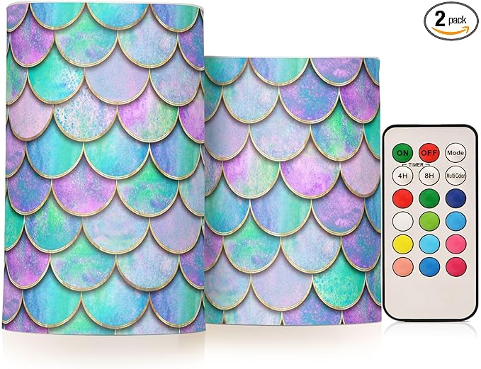 Vdsrup Flameless Candles Set of 2 Purple Teal LED Candles with Timer Battery Operated Mermaid Scale Candle Lights Flickering with Remote for Home Bedroom Decor-VerdiqueGarden
