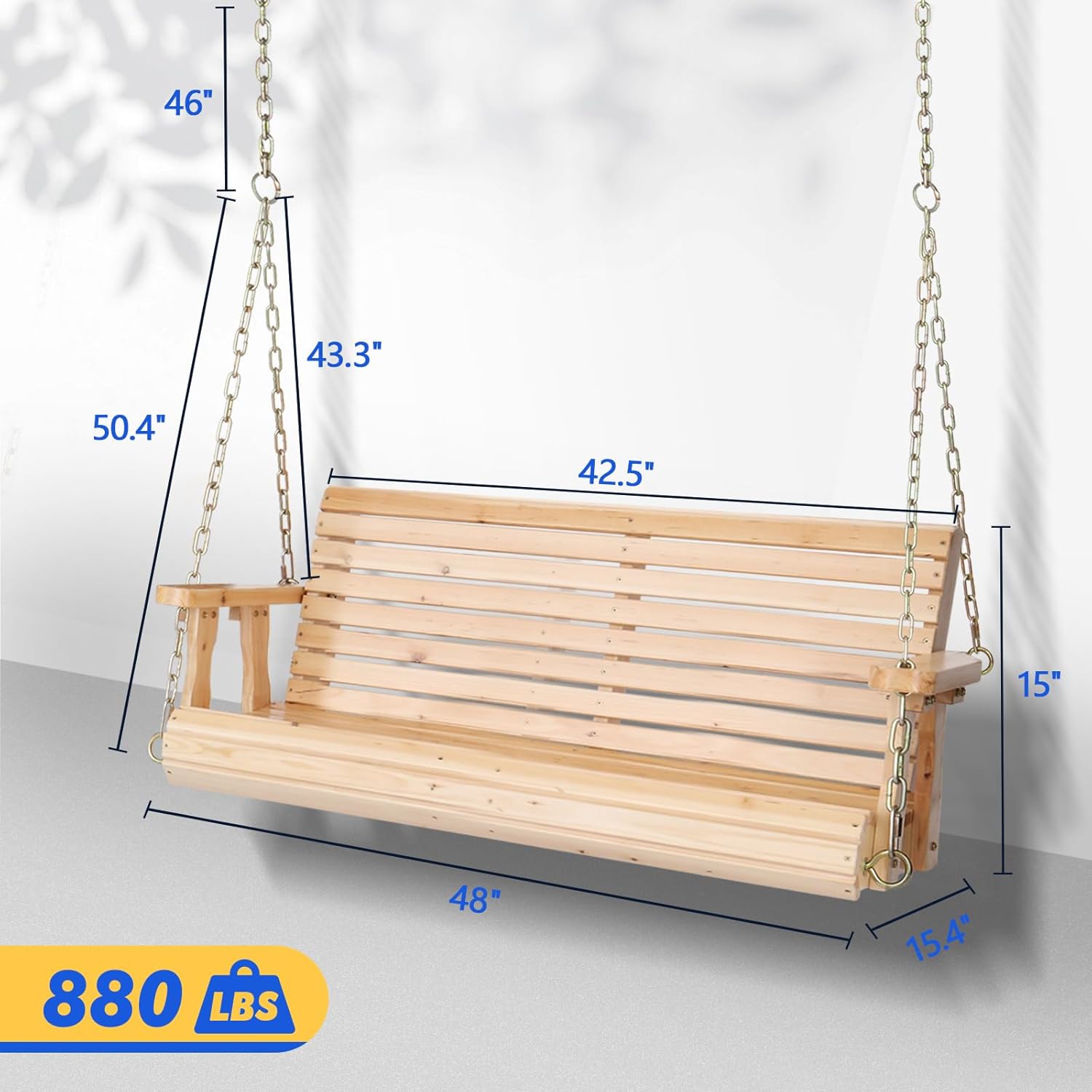 VINGLI Upgraded Patio Wooden Porch Swing for Courtyard & Garden, Heavy Duty 880 LBS Swing Chair Bench with Hanging Chains for Outdoors (Natural, 4 FT)-VerdiqueGarden