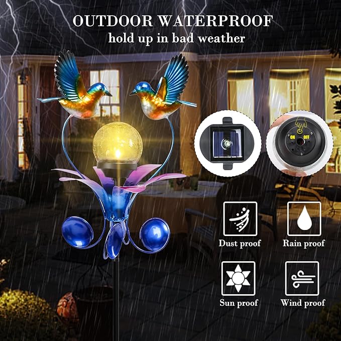 VCUTEKA Solar Lights Outdoor Metal Garden Stake Waterproof Crackle Glass Globe Garden Decor Blue Jay Bird for Pathway, Lawn, Patio, Yard-VerdiqueGarden