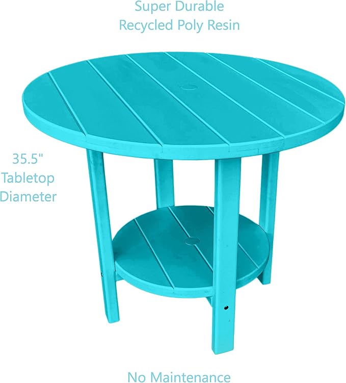 Phat Tommy Round Poly Resin Outdoor Patio Dining Table, All Weather Poly Patio Outdoor Furniture, Teal-VerdiqueGarden