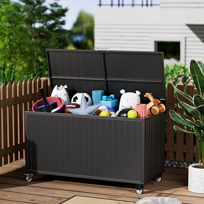 Outdoor Storage Box with Wheels 135 Gallon, Mobile Waterproof Aluminum Deck Box, UV Resistant Patio Storage Box with Lid for Patio Furniture, Garden Tools (Black)-VerdiqueGarden
