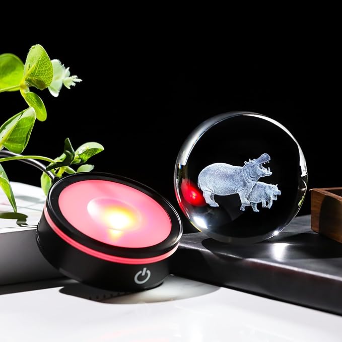 YWHL 3D Hippo Crystal Ball Figurine with LED Base Laser Hippopotamus Gifts for Women Men on Christmas Birthday Decorative Hippo Ball Glass Hippopotamus Globe Night Light for Home Decor (80mm)-VerdiqueGarden