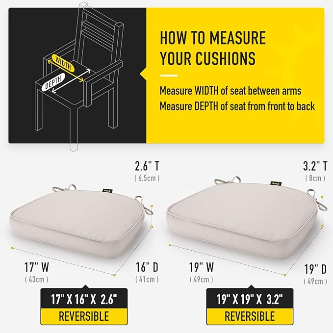 SUNROX Gel Memory Foam Chair Cushions, FadeShield Water-, Stain-Resistant Durable Reversible Seat Cushion Pads with Ties for Indoor/Outdoor Kitchen Dining Office, 19"x19", Set of 4, Cream-VerdiqueGarden