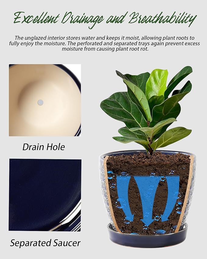 Plant Pots, Flower Pots, Planters for Indoor Plants(6.5+5.5inch), Flower Pots for Indoor Plants with Drainage Hole and Saucer, Ceramic Pots for Plants with Hole Mesh Pad,Reactive Glaze Blue-VerdiqueGarden