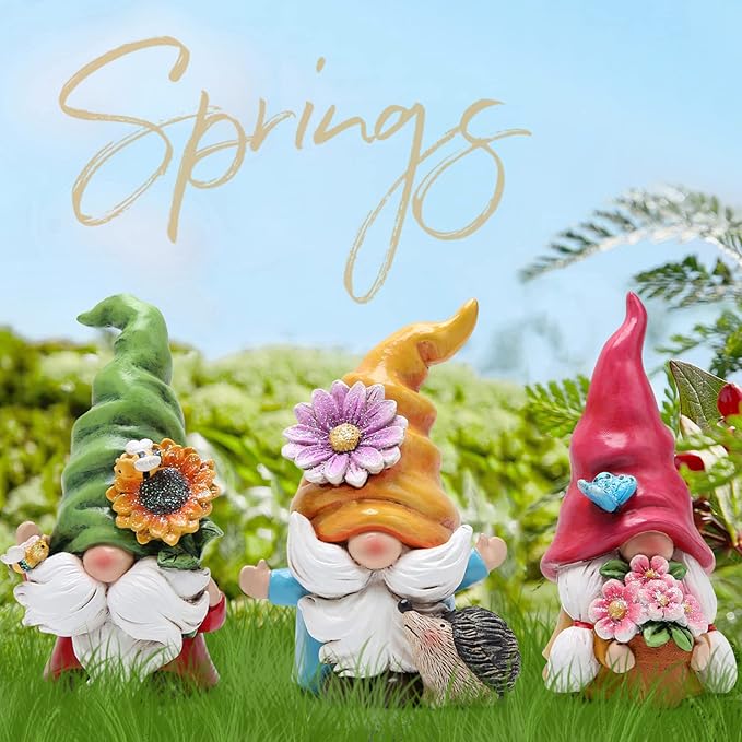 Hodao Set of 3 Spring Gnome Decorations Flower Gnomes Ornaments Decor Summer Gnomes Figurines Spring Gnomes for Outdoor Garden Decor Spring Birthday Gifts for Mom, Women, Grandma (Multicolor)-VerdiqueGarden