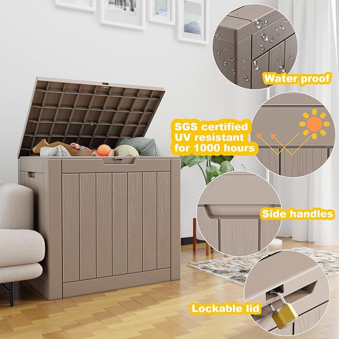 30 Gallon Outdoor Deck Box,Storage Lockable Waterproof Patio Furniture,Garden Tools,Cushions,Pool Accessories Outside Storage Resin Box(Grey)-VerdiqueGarden