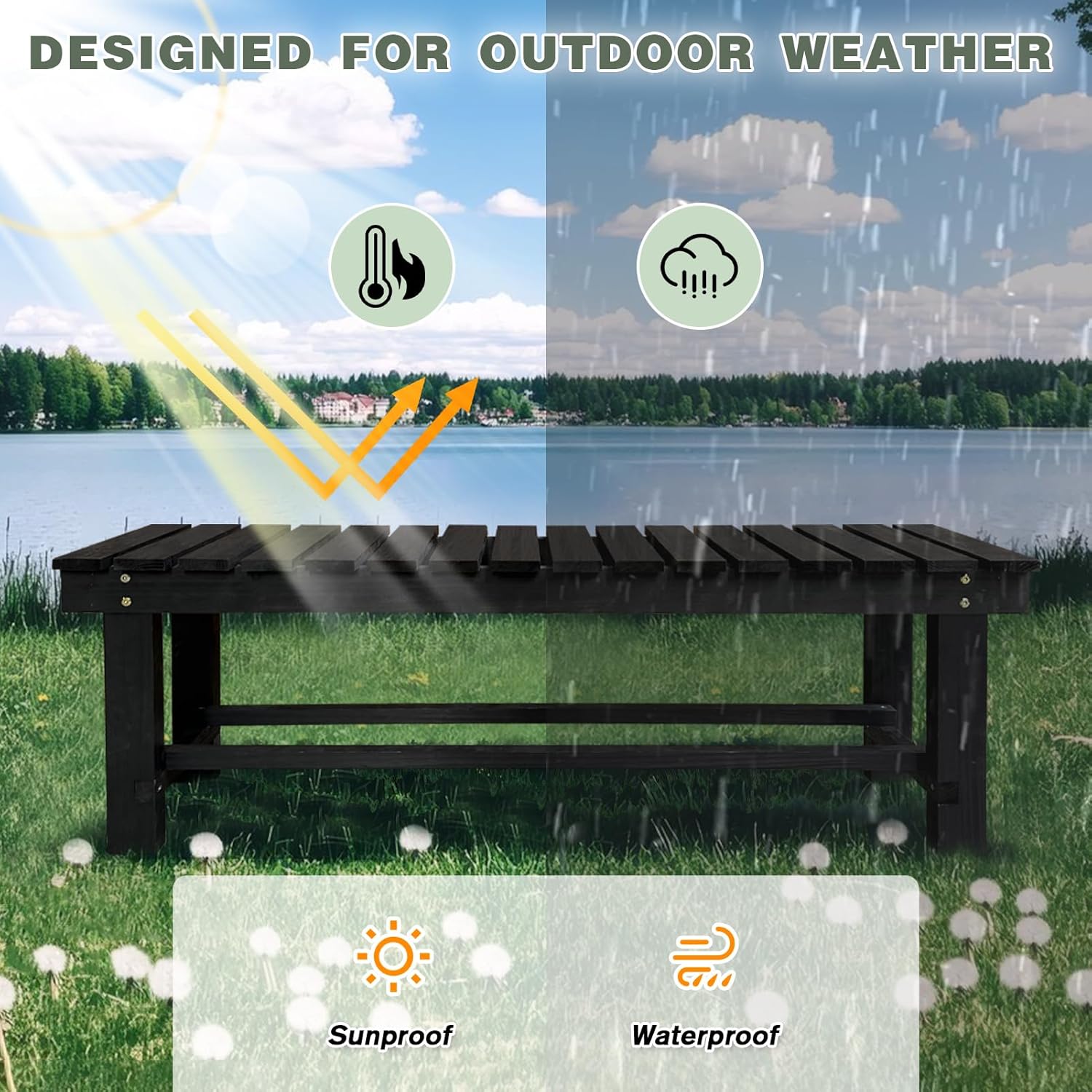 Outdoor Garden Bench, 2-Person Wood Patio Bench Weatherproof Outdoor Backless Bench, Anti-Corrosion and Anti-Rust Garden Benches for Garden Lawn Porch Park Backyard (Black,35.5''/90cm)-VerdiqueGarden