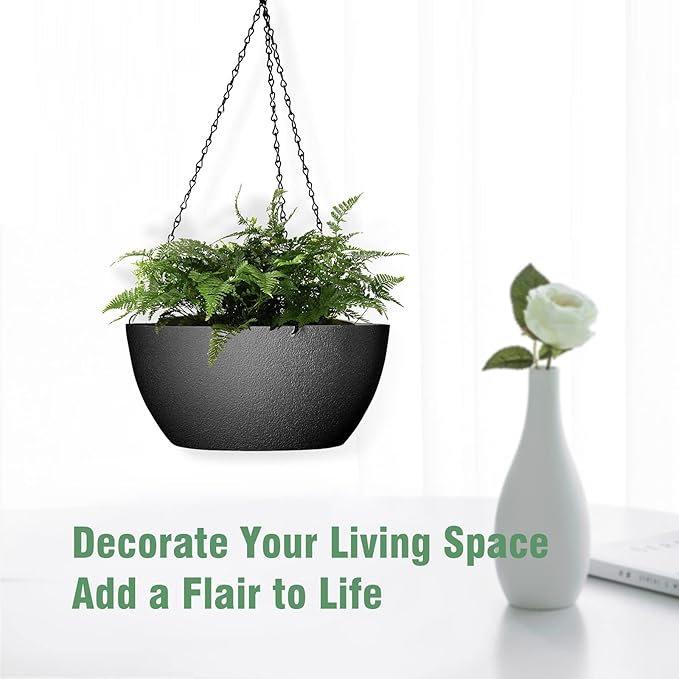 10 inch Hanging Planters for Outdoor Indoor Plants with Drainage Holes and Chain, 2 Pack Round Hanging Flower Pots for Garden Home Porch Decor, Black-VerdiqueGarden