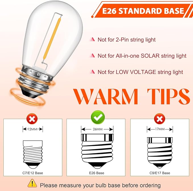 64 Pack LED S14 Replacement Light Bulbs, Shatterproof 1W Vintage Edison Bulbs for Outdoor Patio Backyard String Lights, Dimmable, E26 Screw Base, 2200K Warm White-VerdiqueGarden