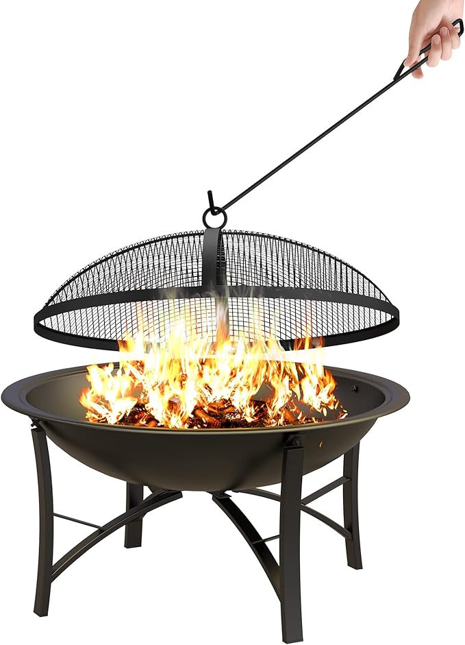 Fire Beauty Fire Pit for Outside Wood Burning,BBQ Grill Steel Fire Bowl with Spark Screen Cover,Log Grate,Poker for Camping Beach Bonfire Picnic Backyard Garden-VerdiqueGarden