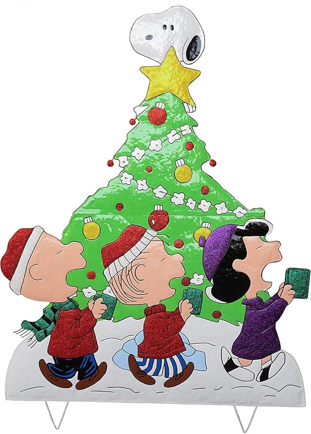 Peanuts Gang Around The Tree Christmas Yard Art Outdoor Christmas Decor Hammered Metal (42'' Peanuts Gang Caroling Around The Tree) Multicolor-VerdiqueGarden