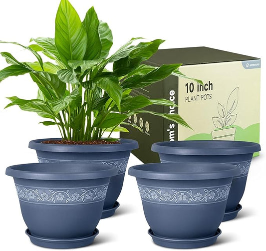 10 Inch Plant Pots with Drainage Hole - Lightweight Flower Pots for Herbs and Flowers - Home Decor Plastic Planters for Indoor Outdoor Plants- Pack of 4 (Blue, 10 inch)-VerdiqueGarden
