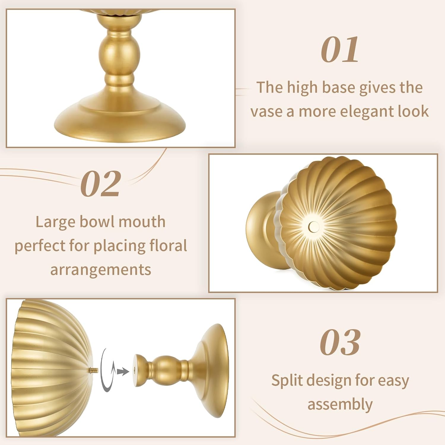 Sziqiqi Gold Urn Vase for Wedding: 7.9in Tall Vases Centrepieces for Table Decorations - Set of 2 Metal Flower Urn Vase for Floral Arrangement - Compote Bowl Vases for Birthday Party Anniversary-VerdiqueGarden