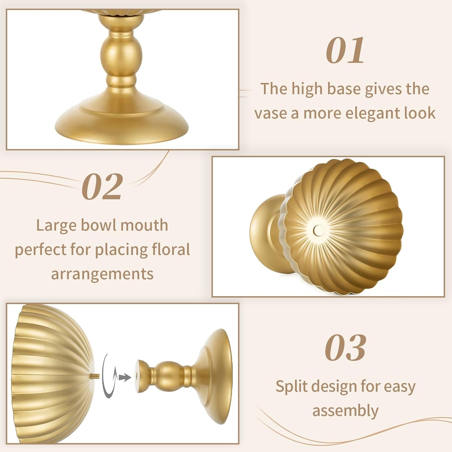 Sziqiqi Urn Vase for Wedding Centrepiece: 7.9in Gold Compote Bowl Vase Table Decorations - Floral Arrangement Pots Set of 10 - Metal Decorative Vases for Party Reception Dinner Table-VerdiqueGarden