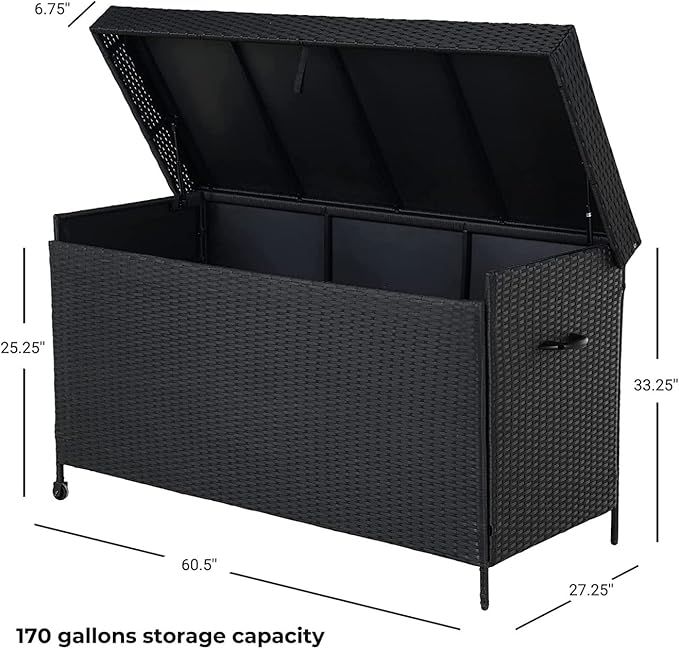 Grand patio 170 Gallon Deck Storage Box Deck Box Outdoor Storage Box Indoor Wicker Storage Bin Patio Storage Box for Patio Furniture Cushions Garden Tools Pool Accessories, Black-VerdiqueGarden