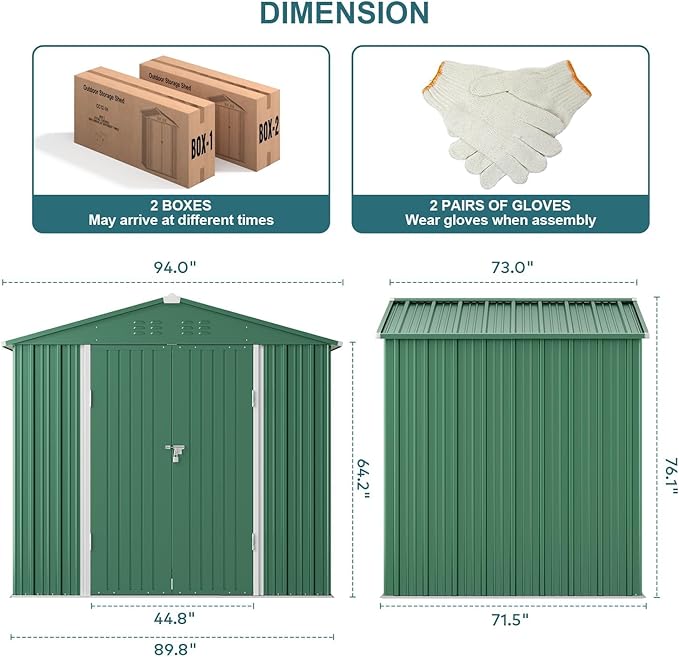 Gizoon Outdoor Storage Shed 8 x 6 FT, Galvanized Metal Garden Shed with Double Lockable Doors, Outdoor Storage Clearance for Backyard Patio Lawn-Green-VerdiqueGarden