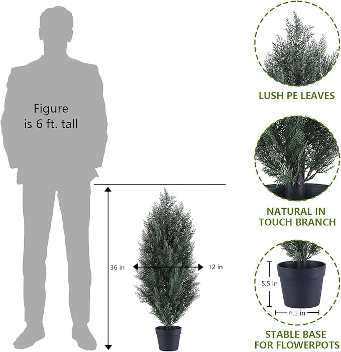 THE BLOOM TIMES 3ft Topiary Trees Artificial Outdoor 2 Pack – UV Resistant Faux Cedar Pine Cypress Bushes and Shrubs, Fake Potted Plants for Front Porch Outside Planter Patio Decor, Set of 2 (3 Foot)-VerdiqueGarden