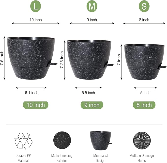 10/9/8 inch Self Watering Pots, Set of 3 Plastic Planters with Mesh Drainage Holes and Deep Reservoir for Indoor Outdoor Garden Plants and Flowers, Black Speckles-VerdiqueGarden