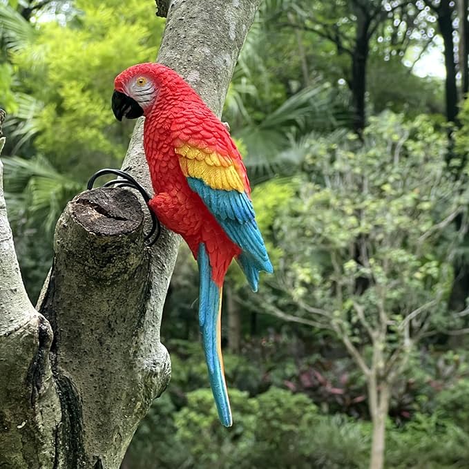 Realistic Parrot Sculpture Resin Hanging Parrots Garden Statues Lifelike Bird Figurines Landscape Ornament Patio Yard Lawn Figurine Tree Decor, Outdoor Garden Wall Statues (Red)-VerdiqueGarden