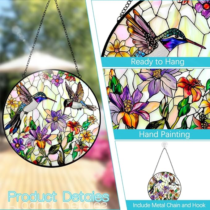 Hummingbird Suncatcher Stained Glass Window Hanging - Bird and Flowers Suncatchers for Windows - Sun Catchers Indoor Window Wall Art Home Decor Panel - Hummingbird Gifts for Women Men Mom Bird Lovers-VerdiqueGarden