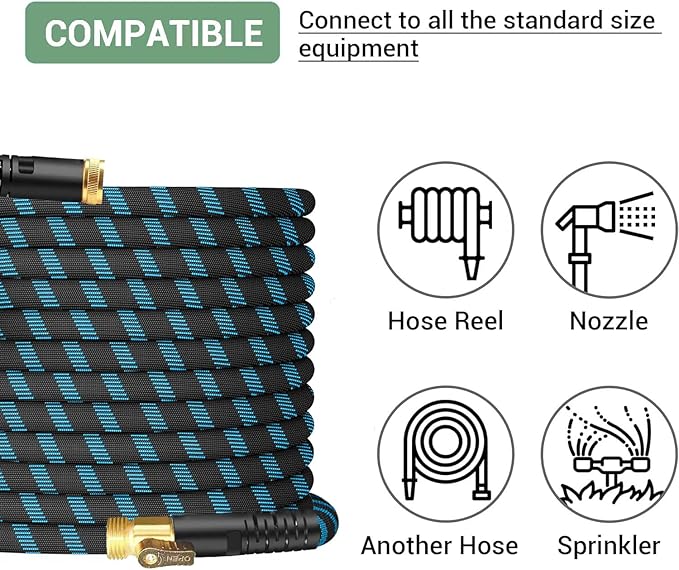 100Ft Non-Expandable Garden Hose, Flexible Water Hose with 10-Pattern Spray Nozzle, Lightweight Hose Pipe, Kink-Free, Leak-Proof, 3/4" Solid Metal Fittings-VerdiqueGarden