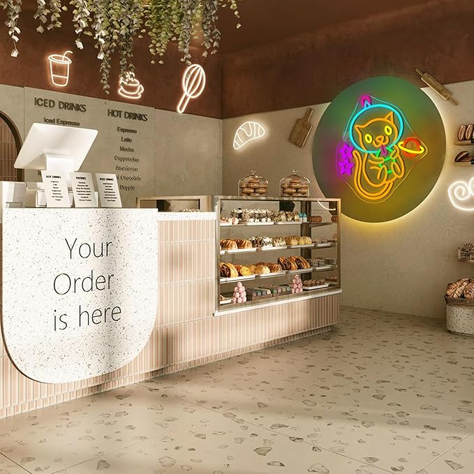 Astronaut Boba Tea Cat Neon Sign Cat Neon Lights for Wall Decor Cute Kitty with Stars Asteroids Anime Led Light Sign for Kids Bedroom Dimsum Store Cofes Bar Milk Tea Shop-VerdiqueGarden