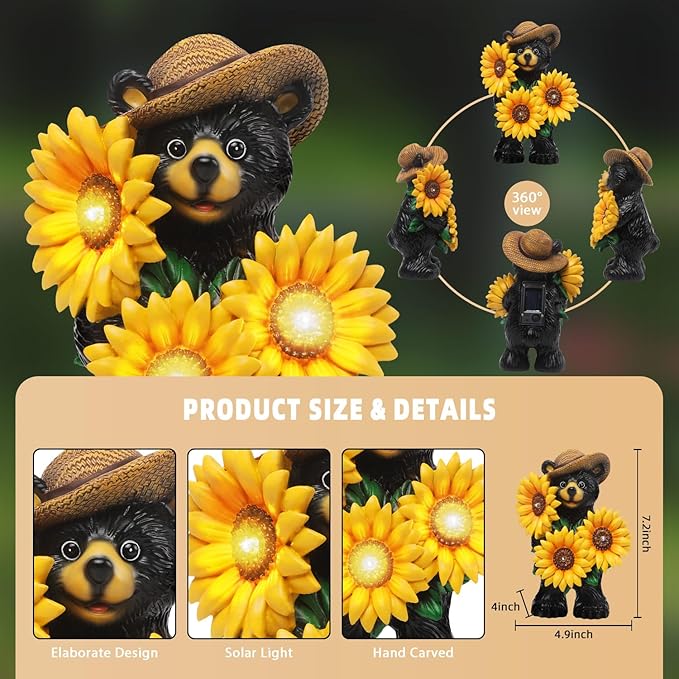 Bear Statue with Sunflowers LED Light 7.2" Solar Lamp Outdoor Garden Patio Yard Porch Lawn Decor Waterproof Resin Black Bear Figurine Unique Garden Gifts for Women Mom Grandma Sister-VerdiqueGarden