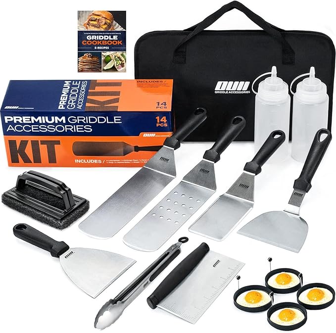 Flat Top Griddle Accessories Set for Blackstone and Camp Chef Griddle - 14 Pieces Set with Griddle Cleaning Kit & Carry Bag! Metal Spatula, Griddle Scraper, Egg Rings for Teppanyaki & Gas Grill-VerdiqueGarden