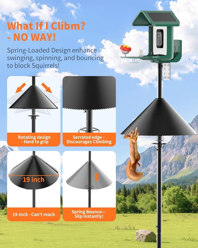Squirrel Baffle for Bird Feeder Pole - Polycarbonate Bird Feeder Baffle with Stainless Steel Spring for Better Protection, 19 Inch Squirrel Guard for Outside Pole Mount, Metal Buckle-VerdiqueGarden