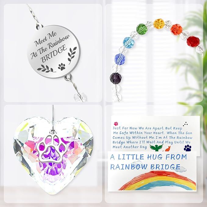Pet Memorial Gifts for Dogs Rainbow Bridge Dog Memorial Gifts for Loss of Dog Rainbow Maker Heart-Shaped Crystal Suncatcher with Sympathy Card Dog Memorial Ornament Windows Hanging Decor-VerdiqueGarden