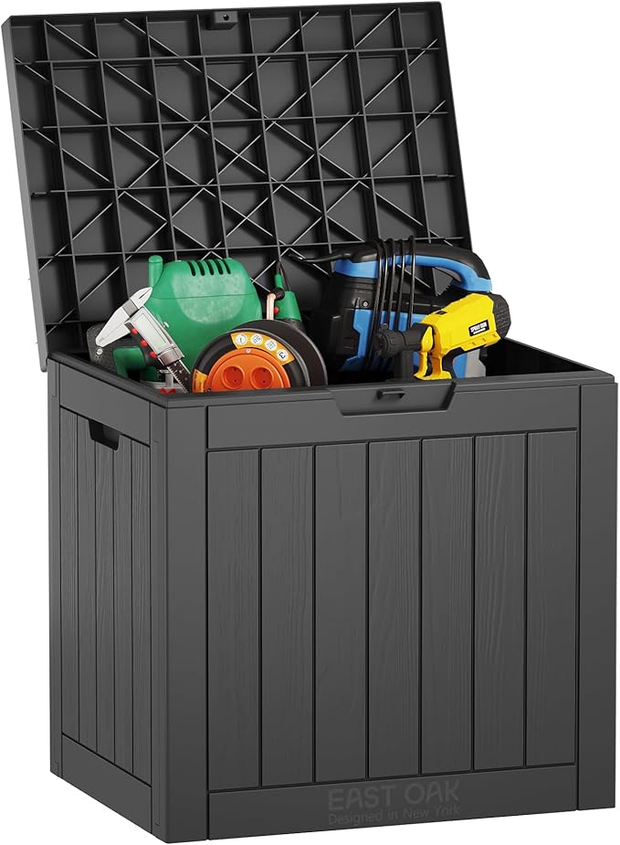 EAST OAK Outdoor Storage Box, 31 Gallon Deck Box, Waterproof Resin Storage Bin for Patio Cushions, Gardening Tools, Accessories, Lockable, UV Resistant, Black-VerdiqueGarden