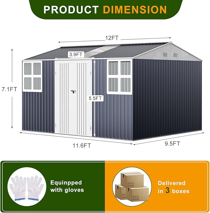 12x10 FT Metal Sheds & Outdoor Storage: Heavy Duty Garden Sheds with Dual Transparent Panels, 2x4-Pane Windows & Hinged Double Doors, Weatherproof Tool Shed for Backyard, Garden, Patio, Grey/White-VerdiqueGarden