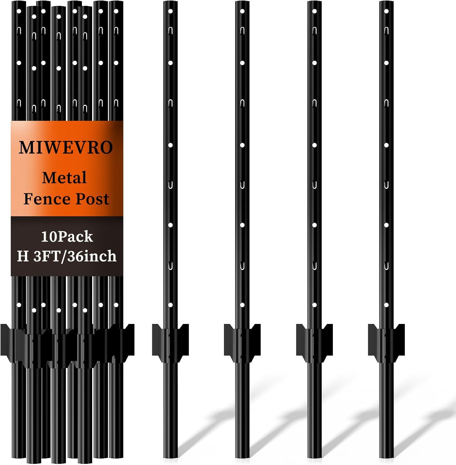 10 Pack Garden Fence Post, 3 Feet Heavy Duty Metal U-Post for Wire Fence, No Dig Garden Fence Stakes for Temporary Fencing, Electric Fence Wire, Corner Anchor, and More-Black-VerdiqueGarden