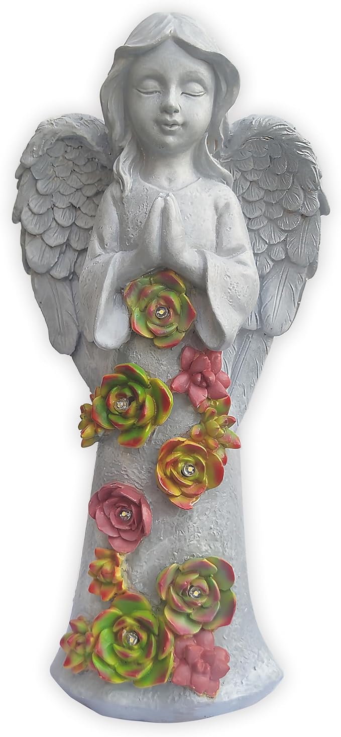 Angel Solar Garden Outdoor Statues with Succulent Plants and 6 LED Lights– Outside Solar Garden Decor Figurines -Remembrance & Sympathy Gifts Decorations-VerdiqueGarden
