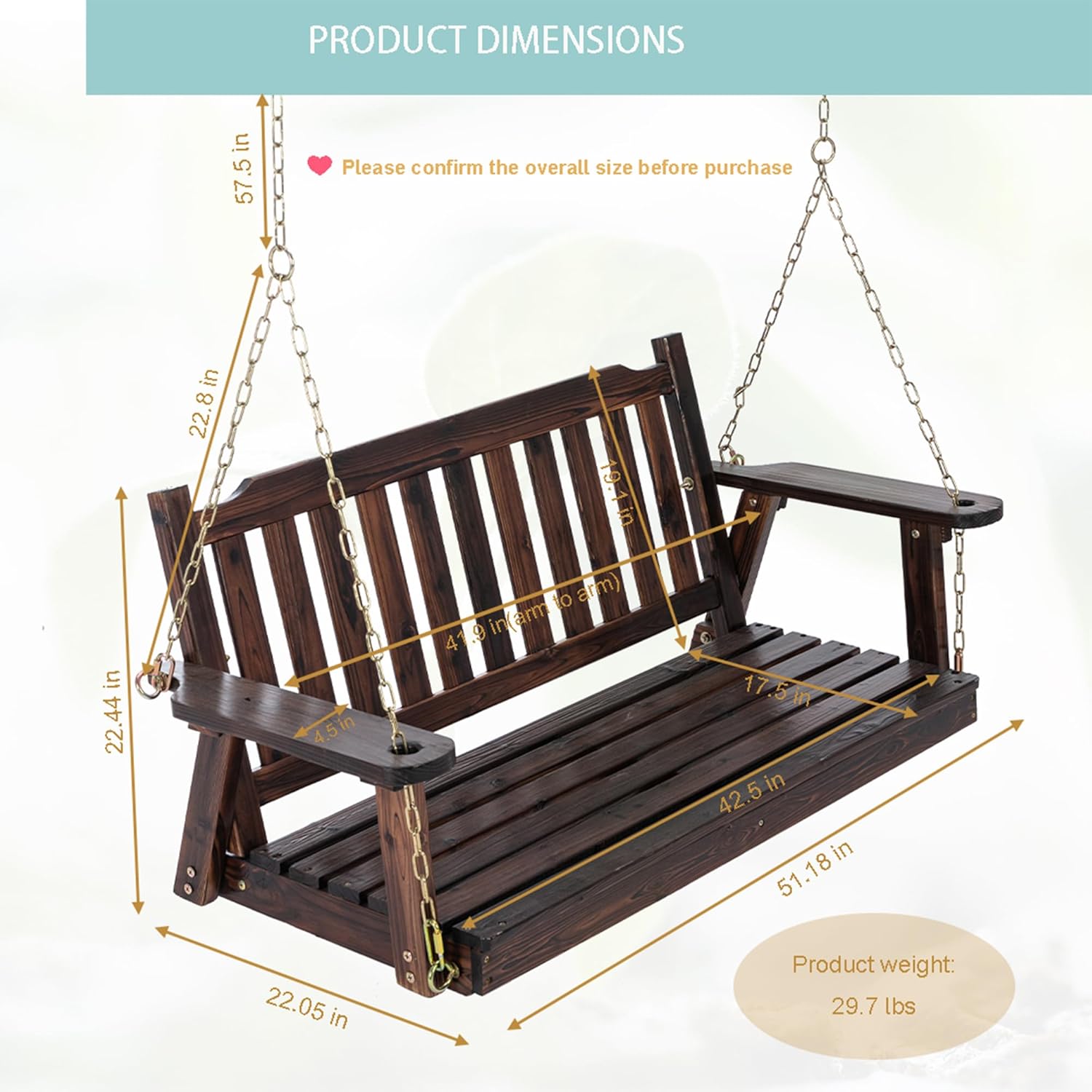 Anraja Wooden Porch Swing 2-Seater, Bench Swing with Hanging Chains, Heavy Duty 800 LBS, for Outdoor Patio Garden Yard, 4 Ft, Brown-VerdiqueGarden