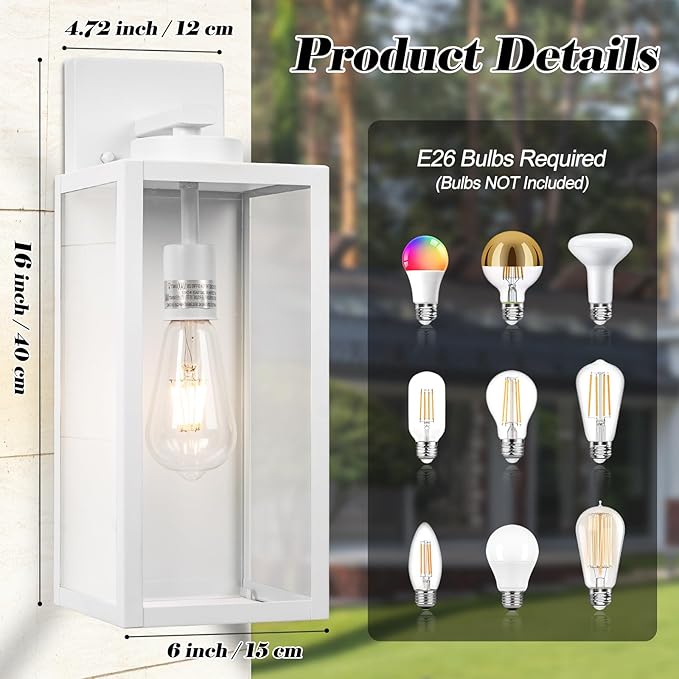 16-inch Large Outdoor Wall Light Fixture, White Exterior Wall Lantern Waterproof, Farmhouse Porch Sconce Lighting with Glass, Modern Outside Lights for House, Garage, Patio Lamp, 2 Packs-VerdiqueGarden