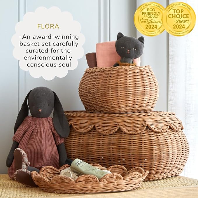 BEBE BASK The Original Scalloped Basket Set Of 2 - Small Scallop Basket - 15 x 10 x 6 In - Hand-Woven & Award-Winning - Elegant Wicker With Scalloped Edge Lid - Nursery Storage - (Mocca)-VerdiqueGarden