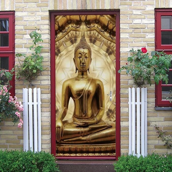 3D Buddha Statue Door Stickers Murals - Peel and Stick Wallpaper Self-Adhesive Decals - Removable PVC Waterproof Poster for Bedroom Living Room 31.5" x 78.7"-VerdiqueGarden