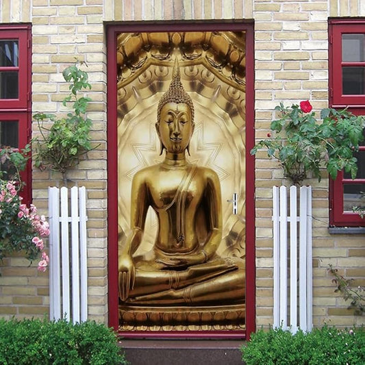 3D Door Stickers - Buddha Statue Murals - Peel & Stick Wallpaper - Self-Adhesive Decals - Removable PVC Waterproof - Bedroom & Living Room - 37.4" x 78.7"-VerdiqueGarden