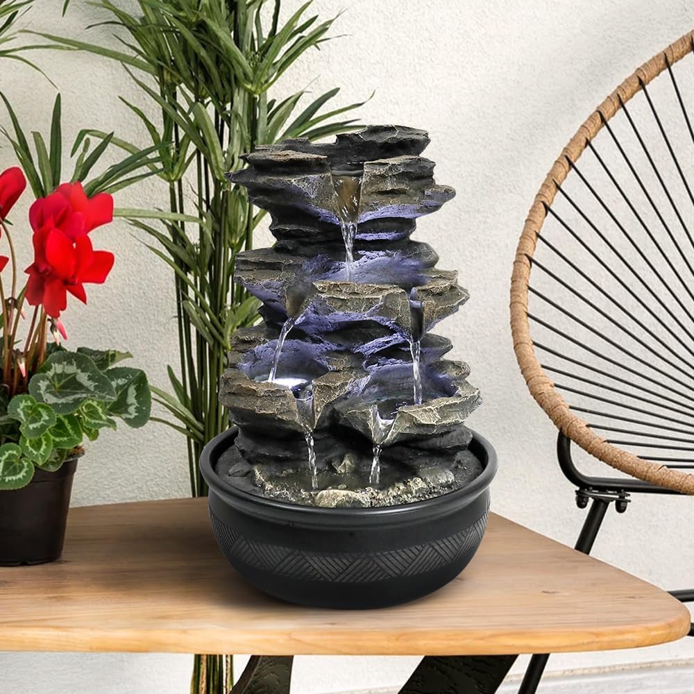 15.7” High Rock Falls Tabletop Water Fountain with LED Lights - Indoor 5-Tier Cascading Fountain for Home and Office Decor (Gray_3, 15.7" high)-VerdiqueGarden