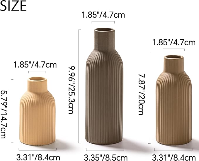 Ceramic Vase Set of 3, Flower Vases for Spring Room Decor, Kitchen Farmhouse, Modern Boho Style(Brown/Dark Brown/Orange)-VerdiqueGarden