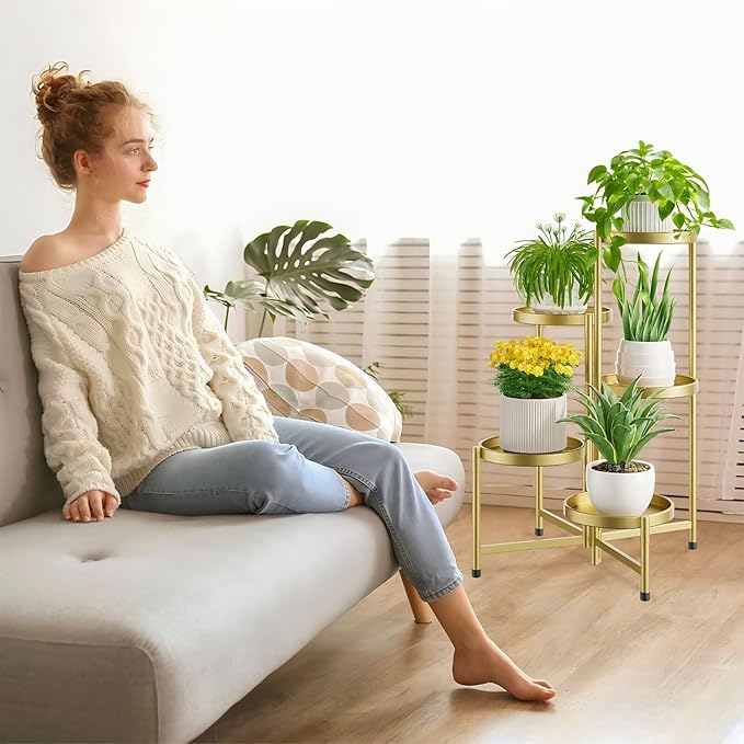 iDavosic.ly 5 Tier Large Plant Stand Indoor, 10 Inch Wide Tall Corner Metal Plant Stands Outdoor for Multiple Plants, Folding Tiered Flower Display Holder Rack Shelf, Gold-VerdiqueGarden