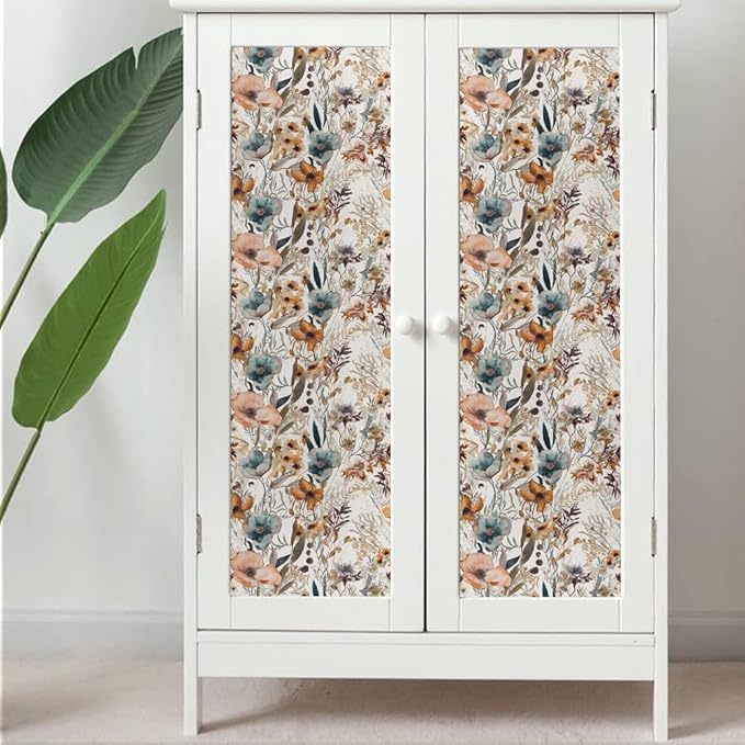 Boho Light Brown Flowers Teal Blue Floral Leaf Plants Vintage Watercolor Peel and Stick Wallpaper Self Adhesive Removable Easy Peel Off Stick on Wall Paper for Bedroom Cabinet Renter-VerdiqueGarden